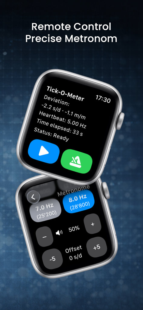 Tick-O-Meter - Tick-O-Meter Apple Watch companion showing remote control and precise metronome settings for watch accuracy measurement.