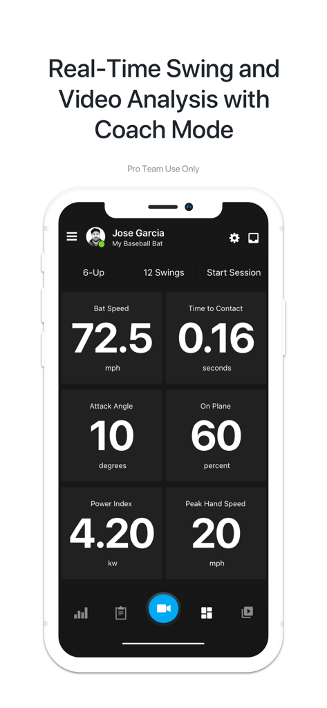 Blast Baseball Pro Team - Blast Baseball Pro Team app interface showing real-time swing analysis metrics including bat speed, attack angle, and power index