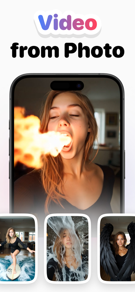 Sivu AI Video Photo Generator - Sivu AI app interface showing cinematic video effects created from photos including fire breathing and surfing.