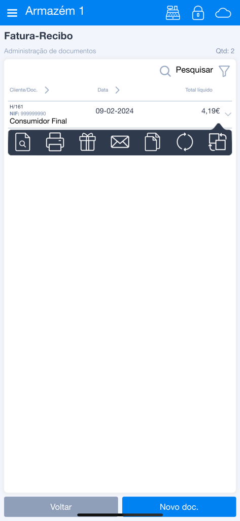 Interface da app Moloni Sales exibindo ferramentas de administração de documentos e gestão de faturas móveis