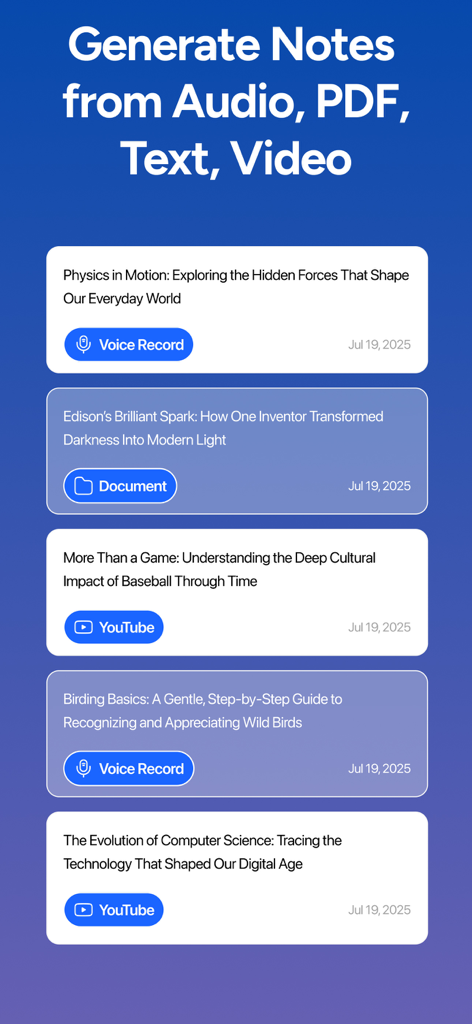 A list of notes generated from various media sources like voice recordings, documents, and YouTube videos