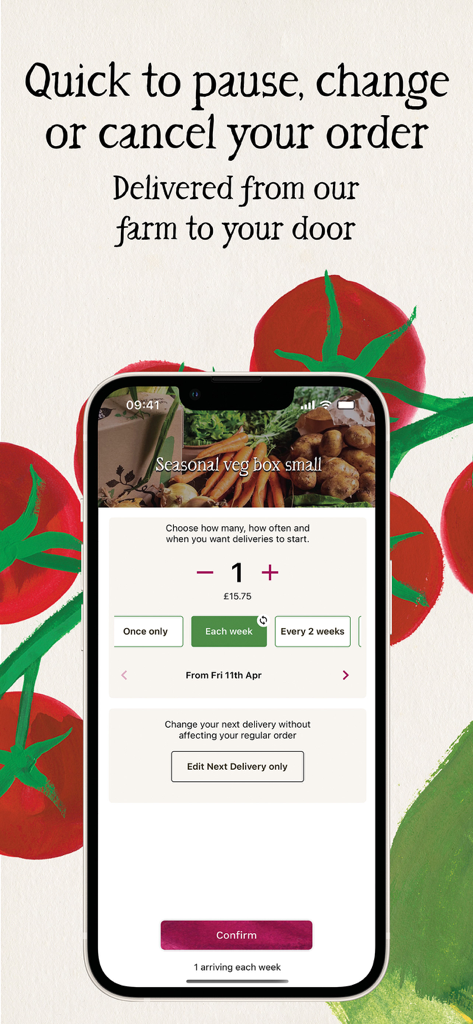Riverford app interface showing options to customize delivery frequency and pause organic veg box orders