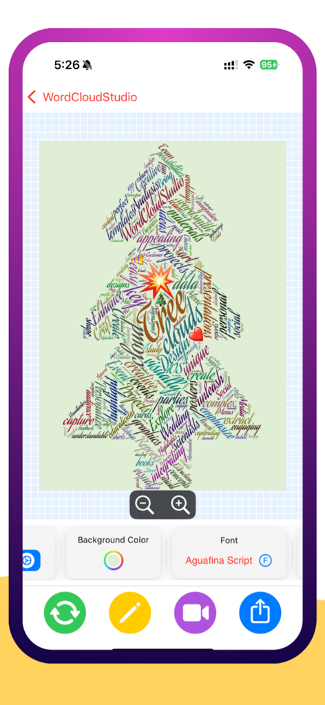 WordCloudStudio - WordArt Tool - A word cloud in the shape of a tree within the WordCloudStudio app interface