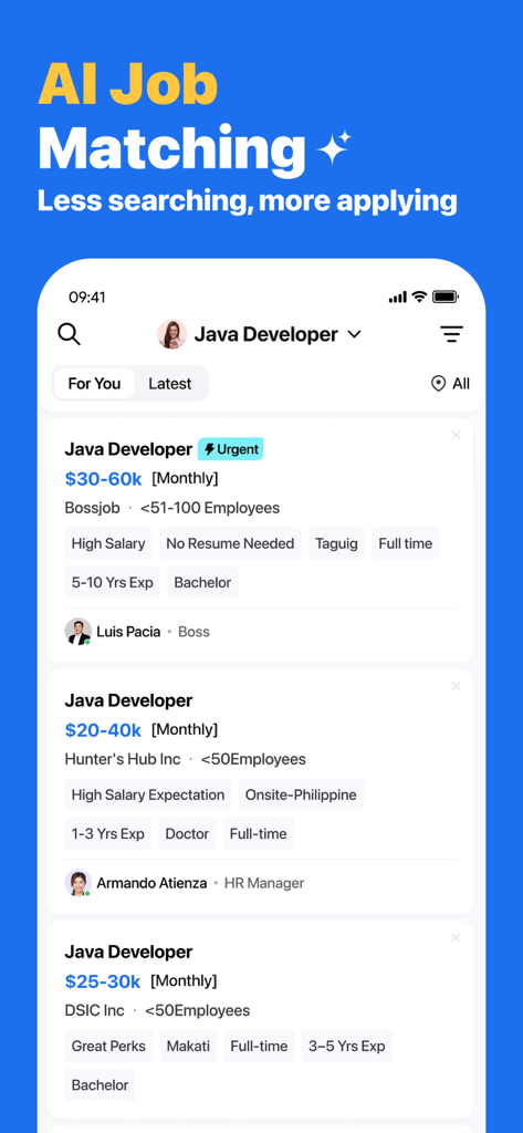 Bossjob app screen showing AI job matching for Java developer positions with salary and location details
