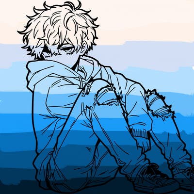 a male hoddie ripped jeans messy hair anime