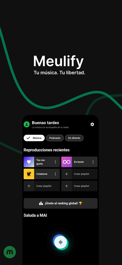 Meulify: Reproductor de música - Meulifyミュージックプレイヤーのホーム画面。ミニマルなダークモードインターフェースで、最近のプレイリストとAIアシスタントアイコンが表示されています。