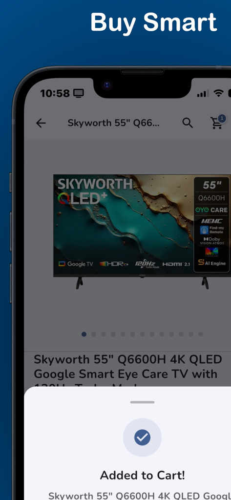 Raines Africa - Raines Africa mobile app showing a smart TV added to the shopping cart
