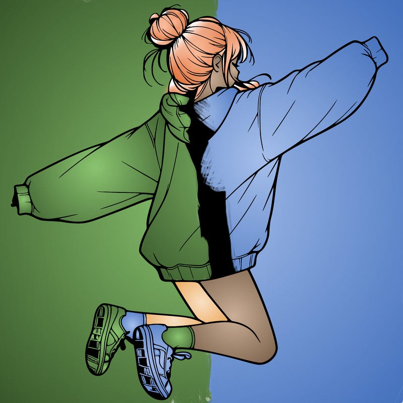realistic girl jumping with a bun and oversized sweatshirt