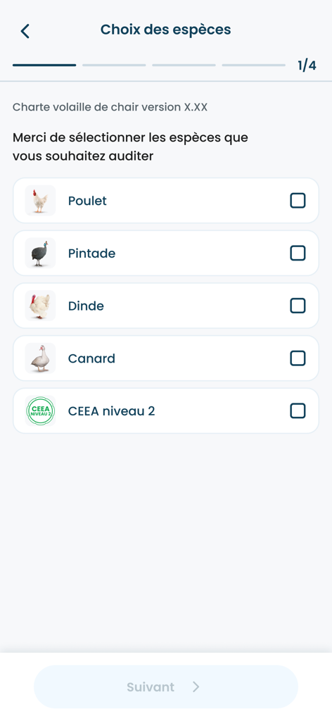 Schermata dell'app EVA per la selezione delle specie avicole come pollo e tacchino per un audit