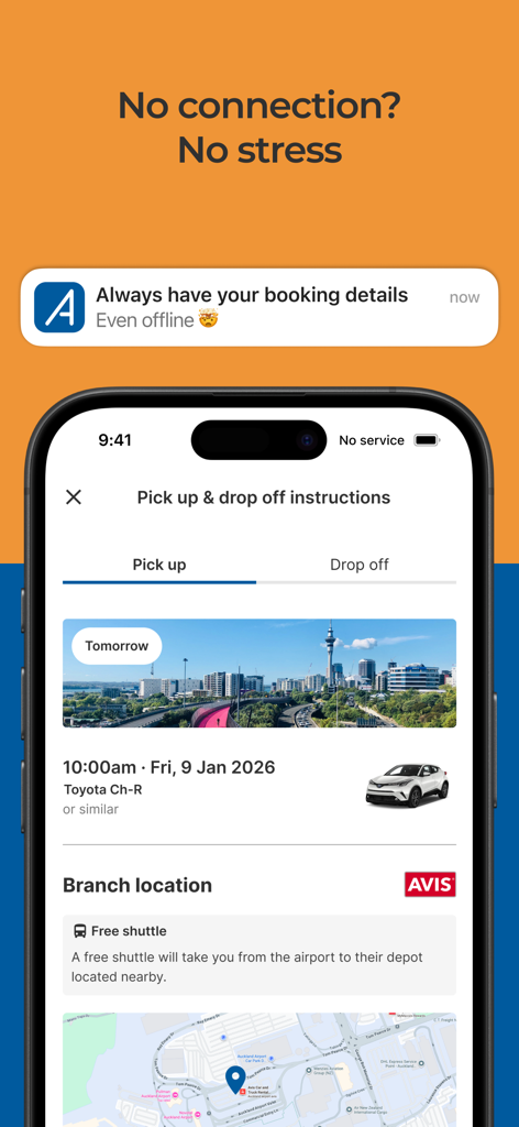 렌터카 픽업 지침 및 오프라인 예약 액세스를 표시하는 모바일 앱 화면