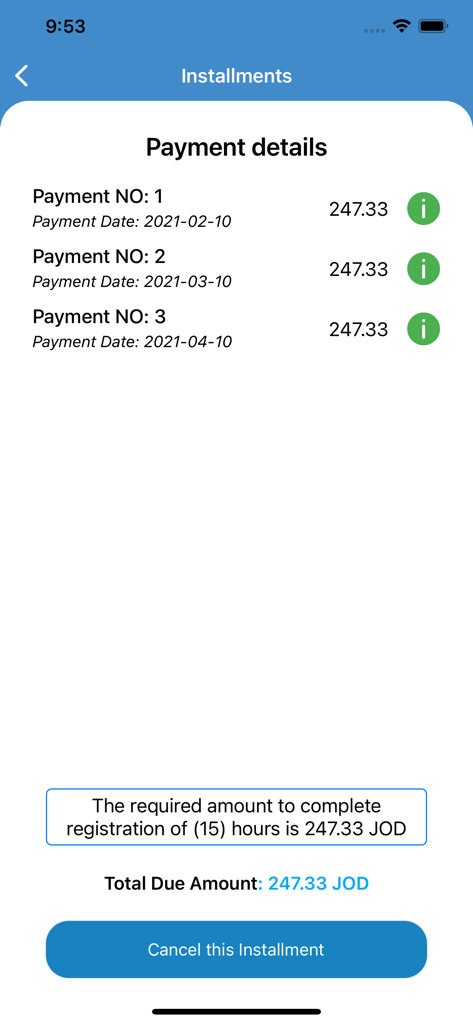 Al-Quds University - Al-Quds University mobile app showing student payment details and installment schedule for course registration