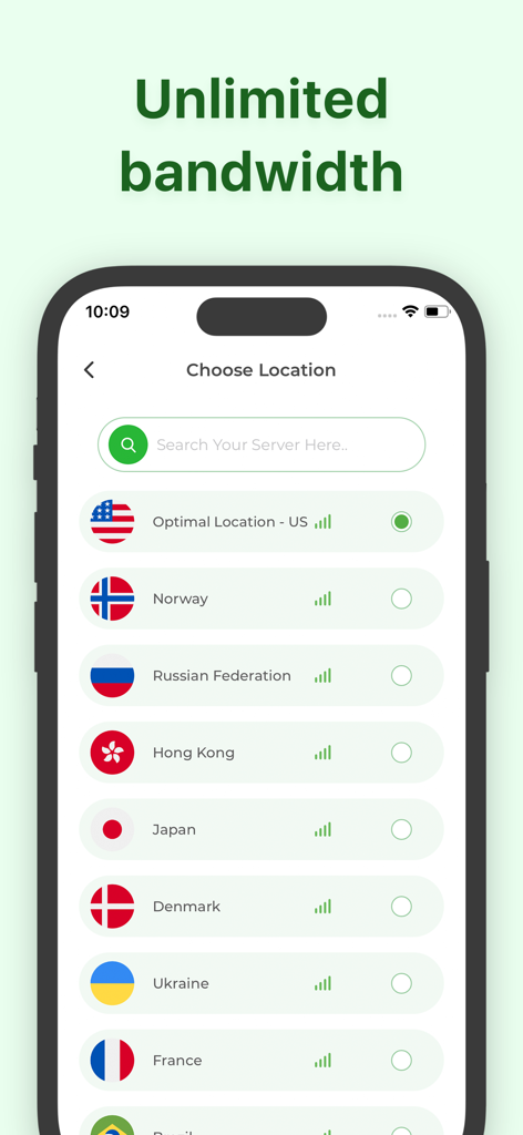 App VPN - Super Fast Unlimited - 미국 및 일본을 포함한 국제 서버 위치 목록을 보여주는 VPN 앱 인터페이스