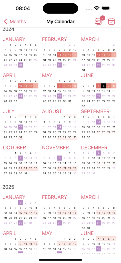 WomanLog Pro Calendar - A yearly calendar view tracking menstrual cycles and fertility windows