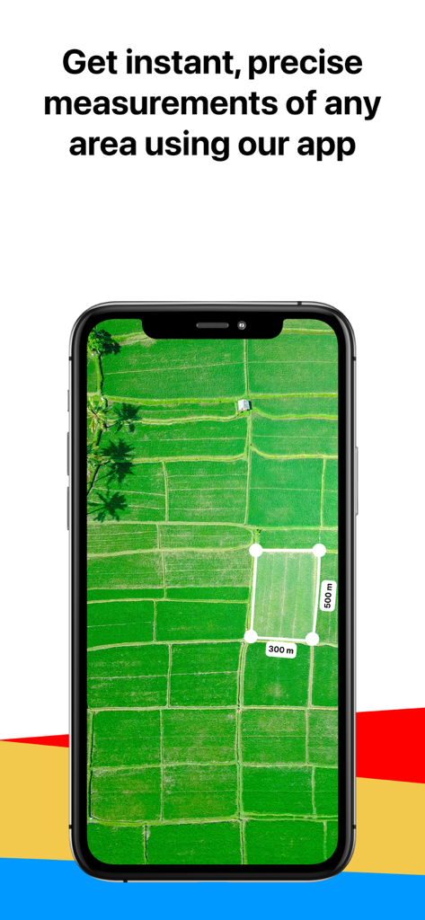 A smartphone showing the Field Area Measure app calculating the area of a green land parcel on a satellite view map