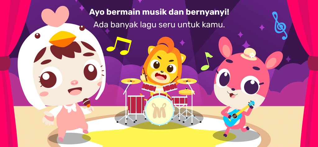 Marbel Pelajaran TK dan Paud - Tres adorables personajes de dibujos animados tocando la batería y la guitarra mientras cantan en un escenario