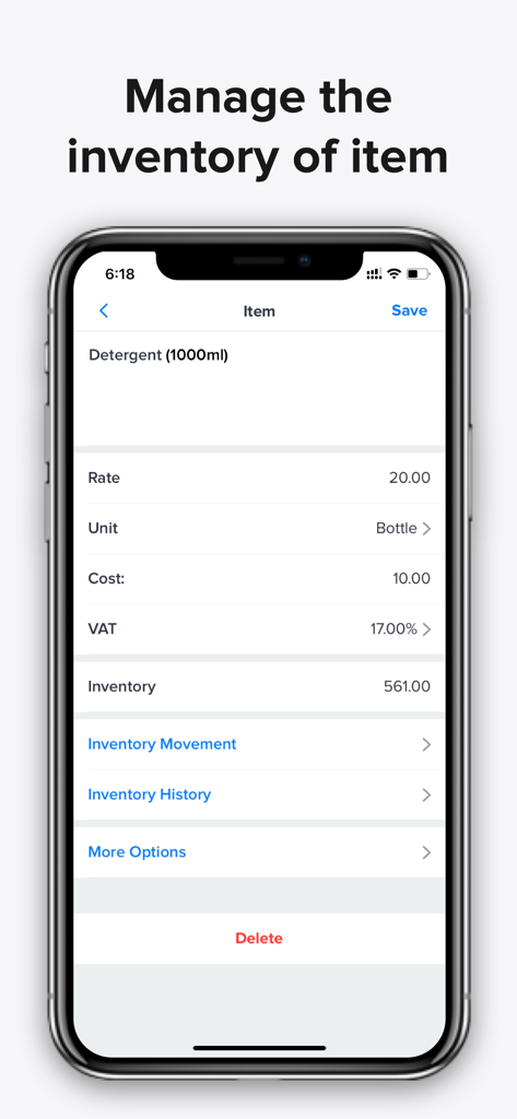 Swift Invoice app interface for tracking item inventory costs and stock levels