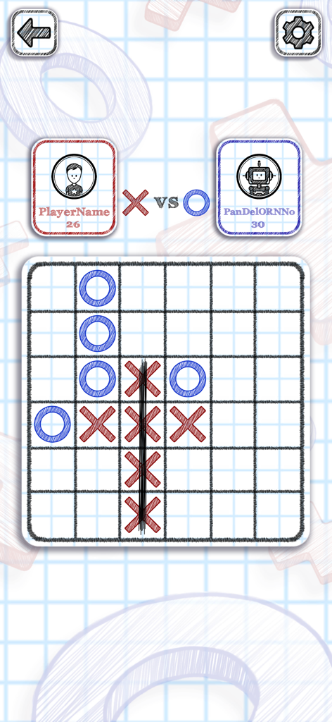 Una partida ganadora de Tic Tac Toe 2 Online que muestra cinco símbolos X rojos seguidos en una cuadrícula grande de papel milimetrado.
