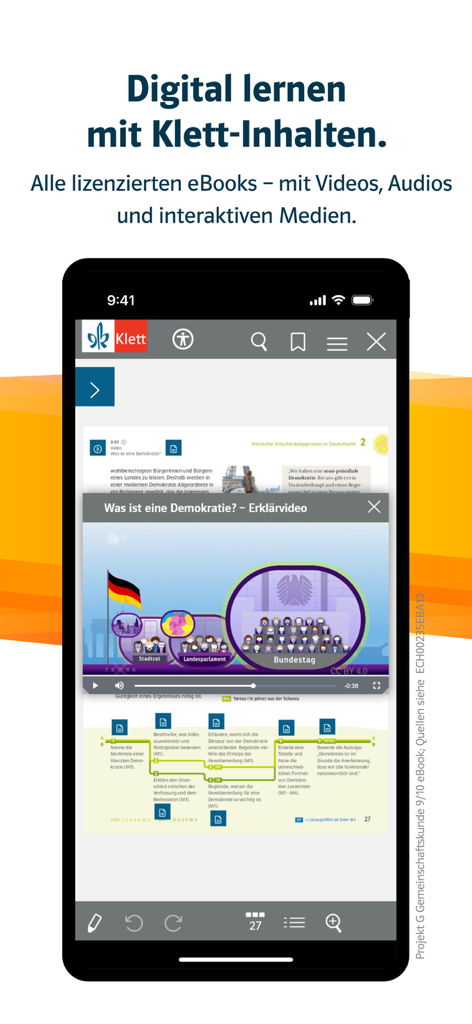 Smartphone-Bildschirm, der die Klett Lernen App mit einem in ein digitales Lehrbuch integrierten Lehrvideo zeigt