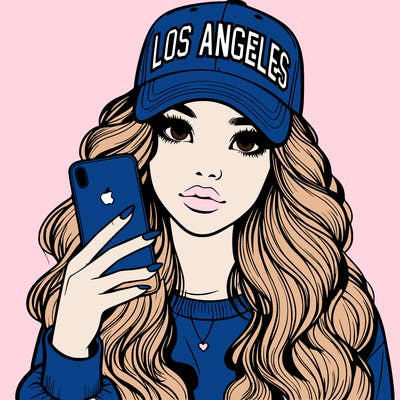 realistic beautiful girl wearing los ángeles cap holding an iphone