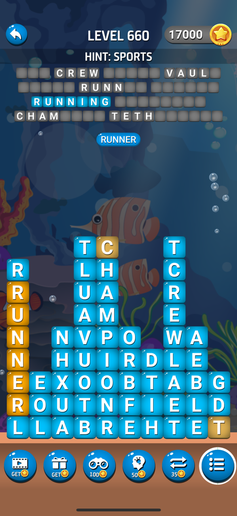 Word Streak: Play Daily Puzzle - Gameplay-Bildschirm von Word Streak Play Daily Puzzle, der ein Wortsuchrätsel zum Thema Sport mit Unterwasserhintergrund zeigt.