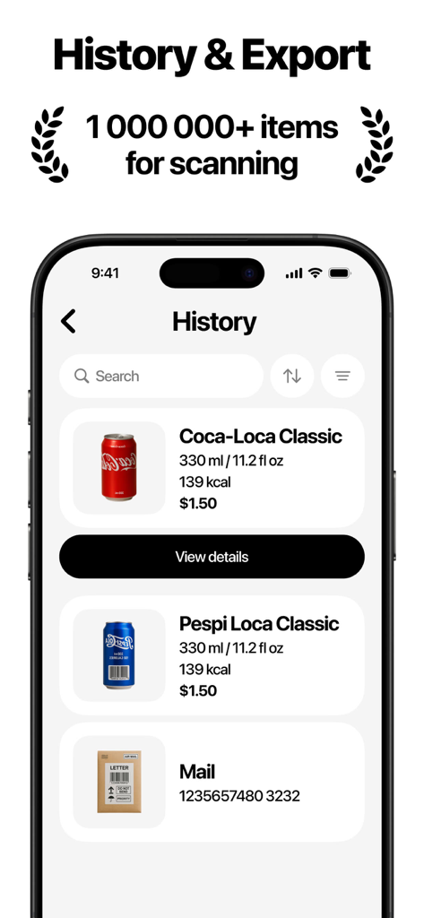 Barcode Scanner & Readerㅤㅤ - Uma tela de aplicativo de smartphone mostrando o log de histórico de códigos de barras digitalizados para produtos de consumo e itens de correspondência em um aplicativo utilitário de negócios.