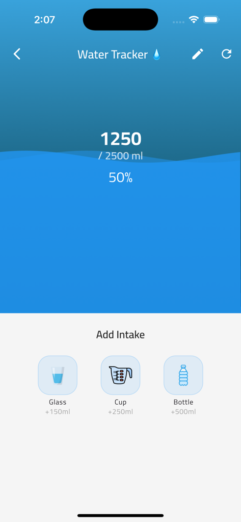Interfaz del rastreador de agua en la aplicación NutriTrack que muestra el progreso diario de hidratación.