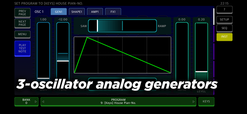 ANILOG - Synthesizer interface of ANILOG app showing 3-oscillator analog generator controls and waveforms with a dark neon aesthetic