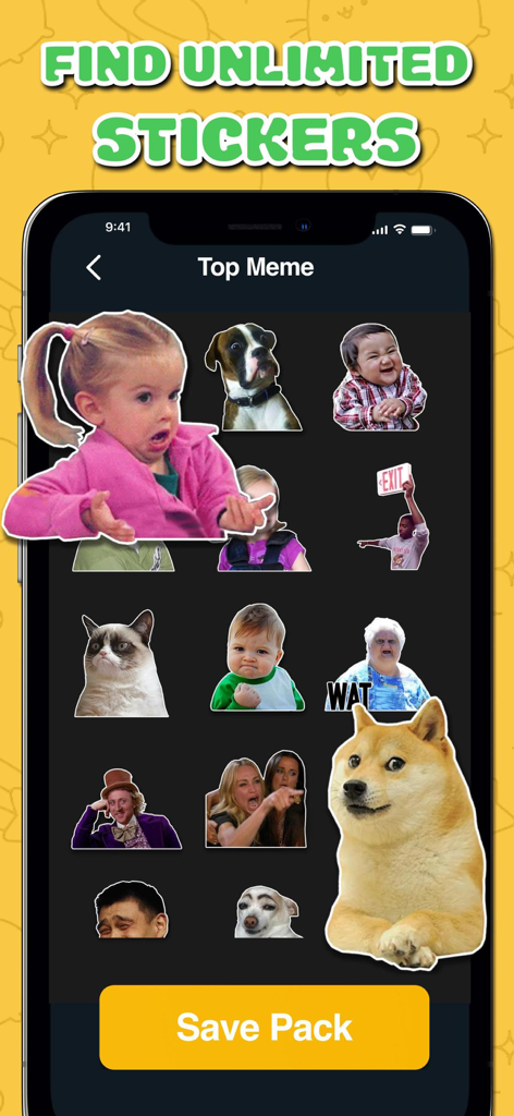 AI Sticker Maker - Funny Memes - AI Sticker Maker app interface showing a collection of famous internet meme stickers including Doge and Grumpy Cat