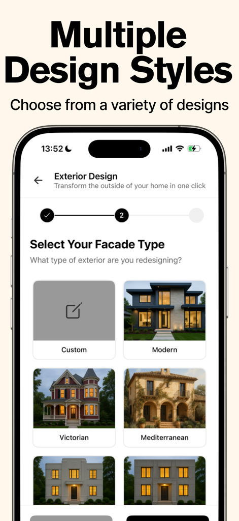Mobile app interface of Redecorate AI showing different exterior house styles including Modern and Victorian
