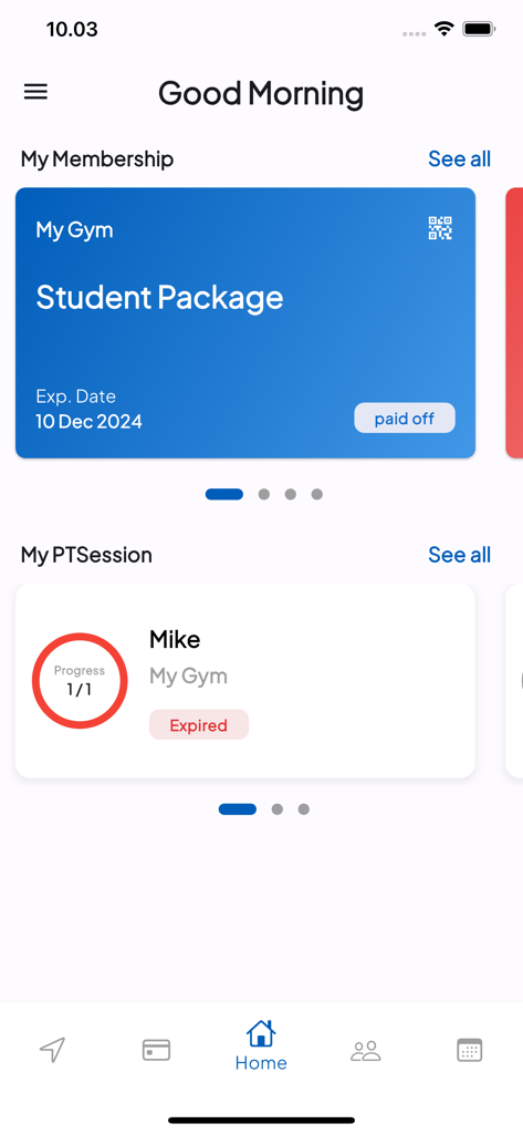 Sangtum Fitness app dashboard displaying membership student package details and personal training session progress