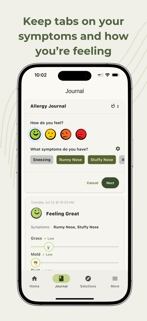 Pollen Wise app allergy journal for tracking symptoms and wellbeing