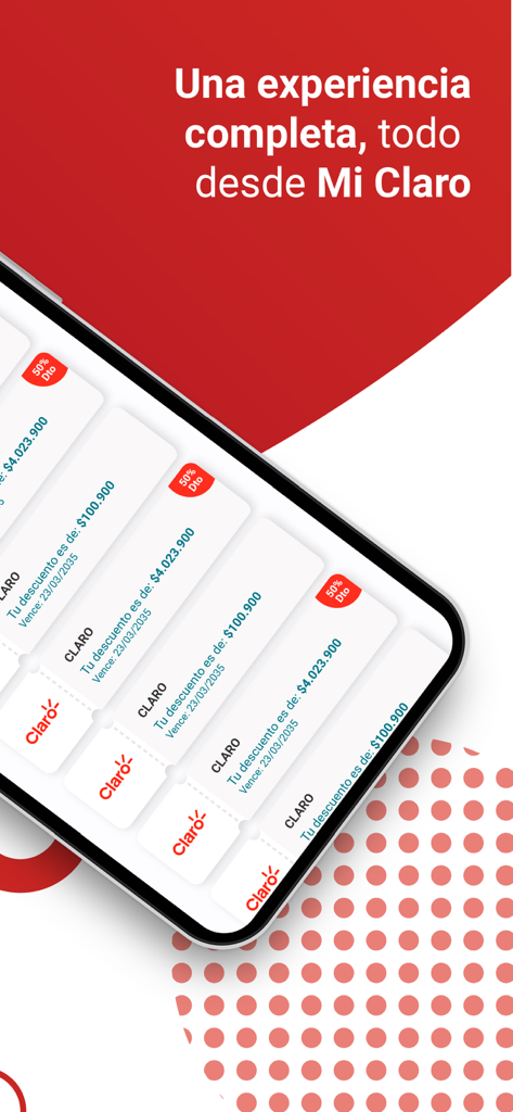 Mi Claro Colombia - Interface de l'application Mi Claro Colombie affichant des remises promotionnelles et des coupons de service