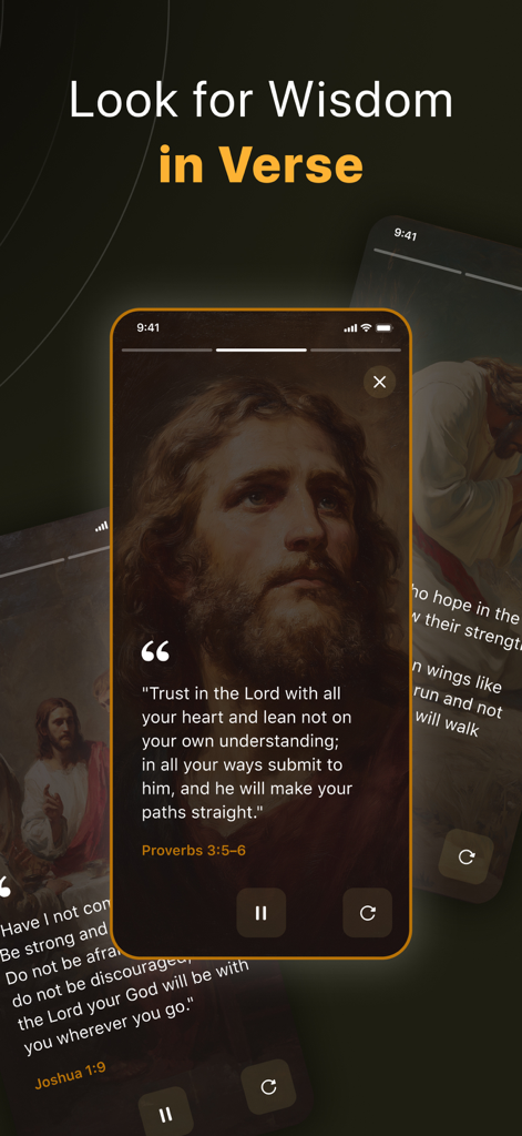 Bible Chat AI app screen displaying daily scripture verses and religious art