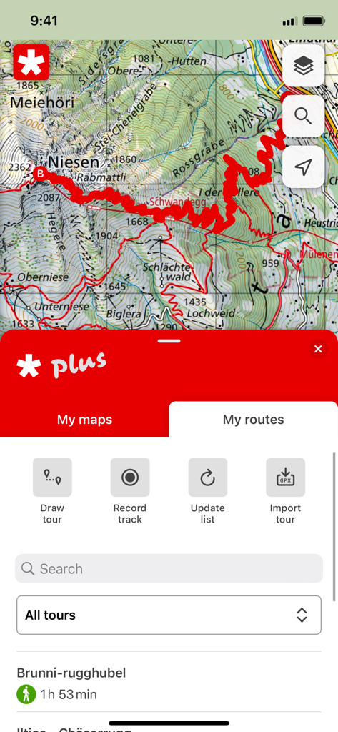 SwitzerlandMobility app interface displaying a topographic map with a red hiking trail and the Plus feature menu.