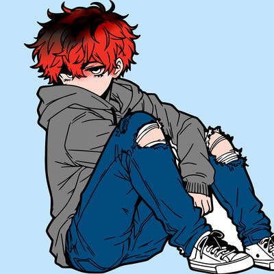 a male hoddie ripped jeans messy hair anime