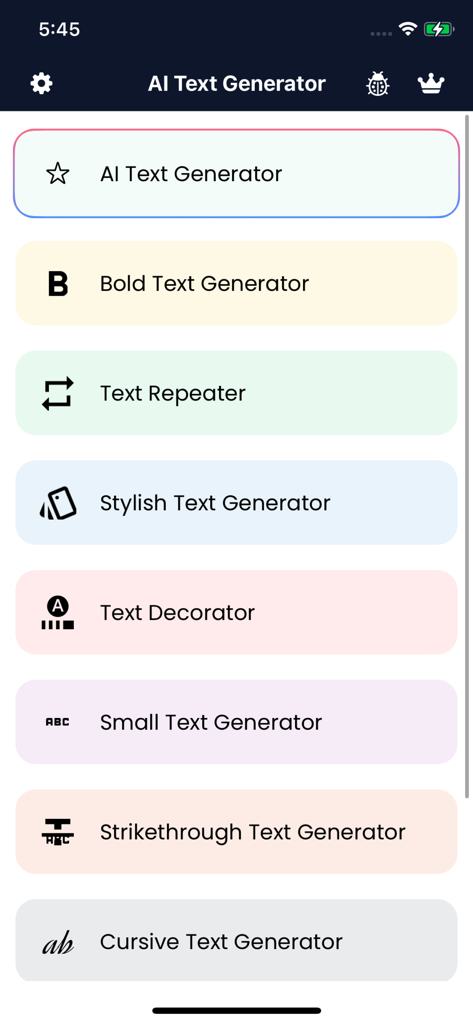 Stylish Text Generator App - Main menu of the Stylish Text Generator app displaying options for bold cursive and decorative text tools