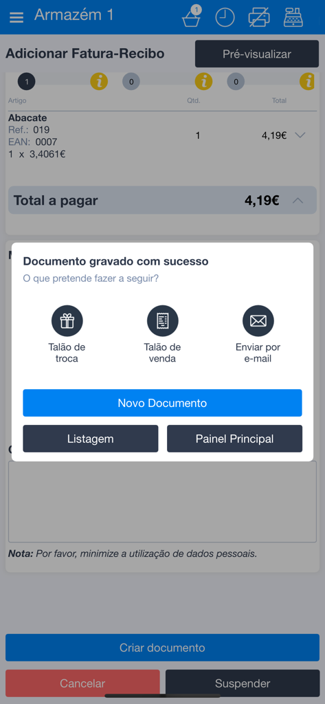 Ecrã da app Moloni Sales mostrando a confirmação de gravação bem-sucedida de um documento com opções para imprimir ou enviar recibo por e-mail