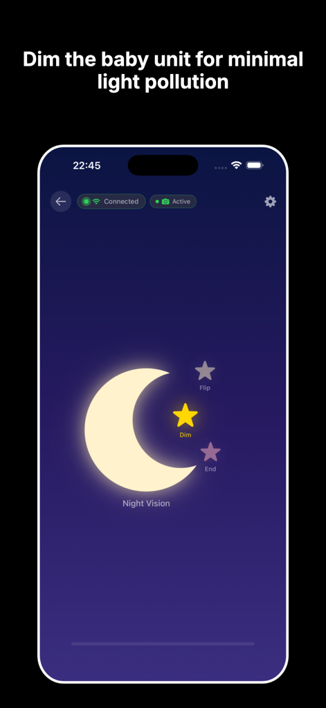 Slumberly - Baby Monitor - Slumberly baby monitor app screen showing night vision and dimming controls to minimize light pollution in the nursery