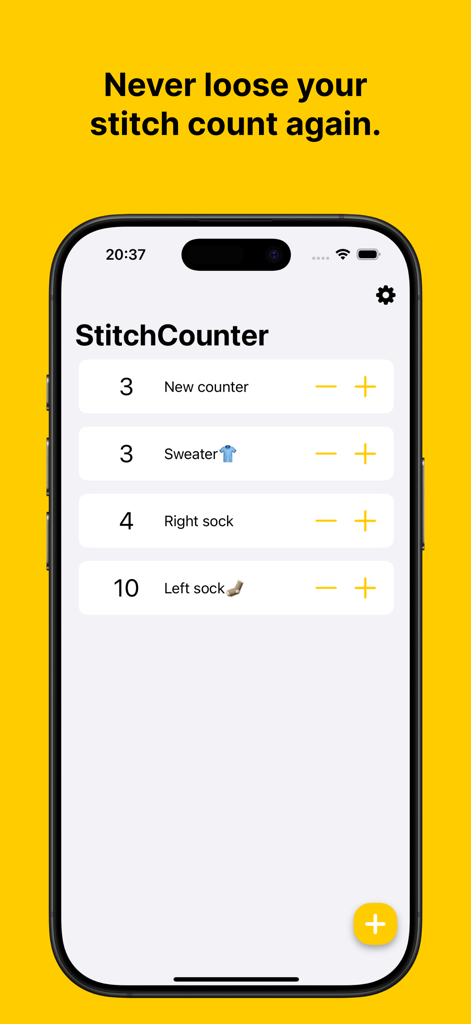 Stitch Counter App - Stitch Counter app showing a list of knitting projects including a sweater and socks with numerical counters