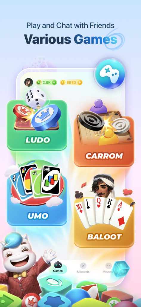 Yalla app interface showing a variety of games including Ludo Carrom UMO and Baloot