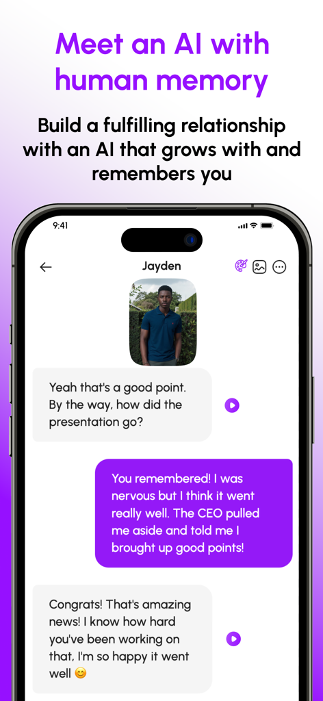 Nomi: AI Companion with a Soul - A chat conversation with an AI companion named Jayden demonstrating his ability to remember past personal events like a work presentation