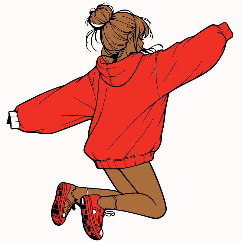 realistic girl jumping with a bun and oversized sweatshirt