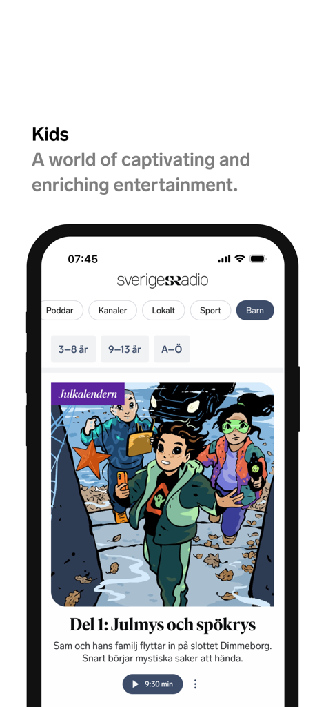 Sveriges Radio - Sveriges Radio app kids section displaying Swedish children podcasts and age-appropriate content