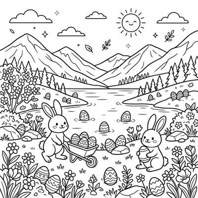 Discover a charming Easter scene set in a serene alpine lake, specially designed for kids. Adorable bunnies, decorated eggs, and spring blossoms await your creative touch in this delightful coloring adventure.