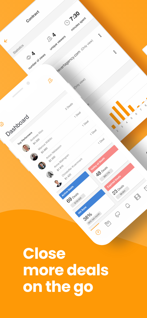 GetAccept - GetAccept mobile app dashboard showing active deals and team performance statistics