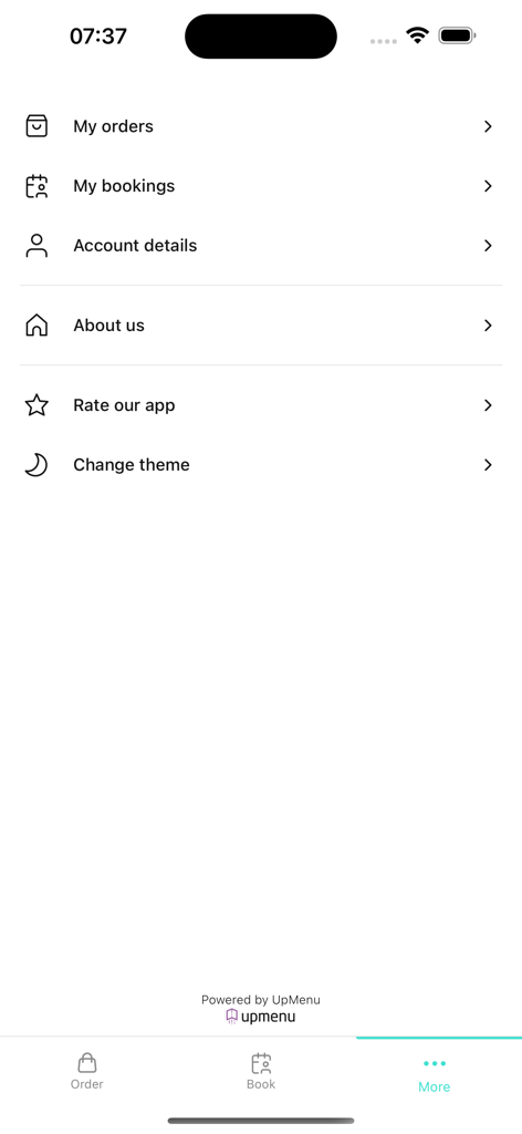 Horseshoe Bay Live - Menu screen of the Horseshoe Bay Live app showing user account settings and order history options