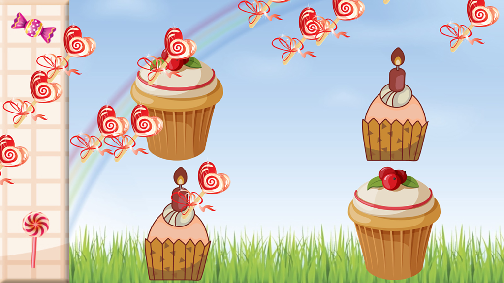 Cupcake colorati e lecca-lecca a forma di cuore in un gioco di abbinamento per bambini piccoli