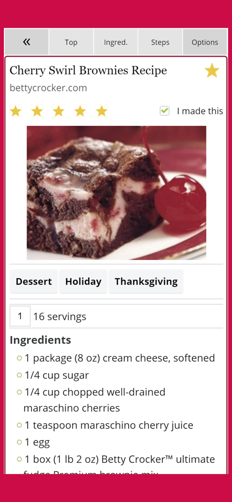 Copy Me That recipe manager - A screenshot of the Copy Me That recipe manager showing a detailed view of a Cherry Swirl Brownies recipe with ingredients and tags.