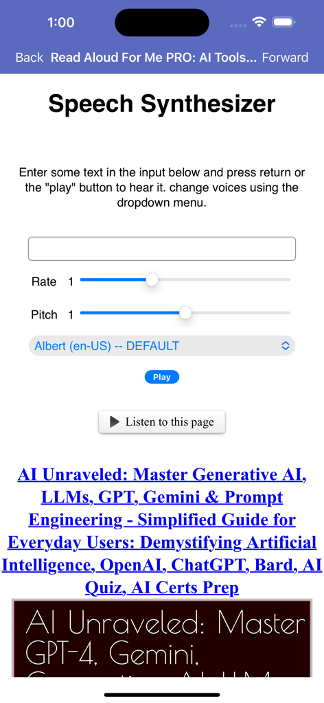 Speech synthesizer interface with text input and voice controls in the Read Aloud PRO app