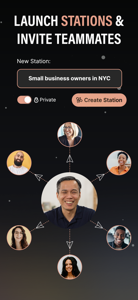 Interface for creating a new business station and inviting teammates within the Sky's The Limit mentorship app
